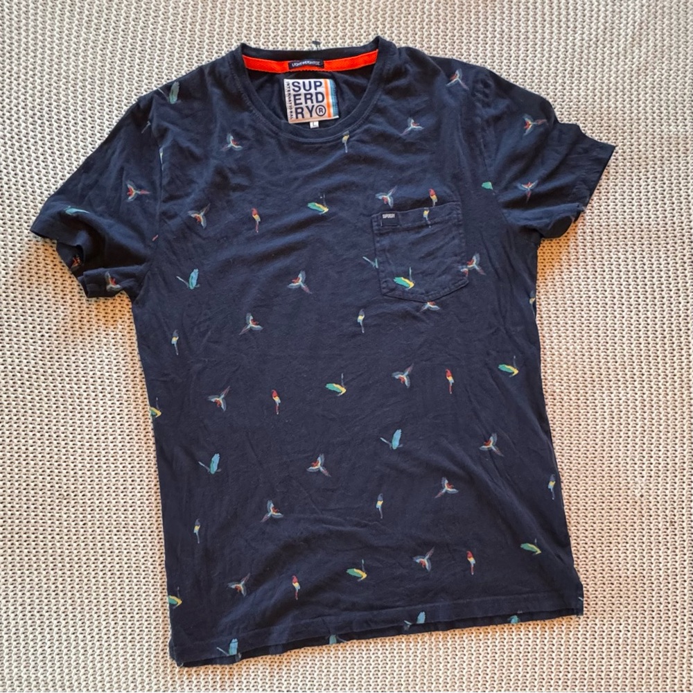 Superdry Lightweight Tee Navy Bird Print Pocket T-Shirt Size L